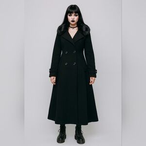 Sisley Black Wool Maxi Coat Faux Fur Collar 44 Italycore Dark Academia Gothic Wh